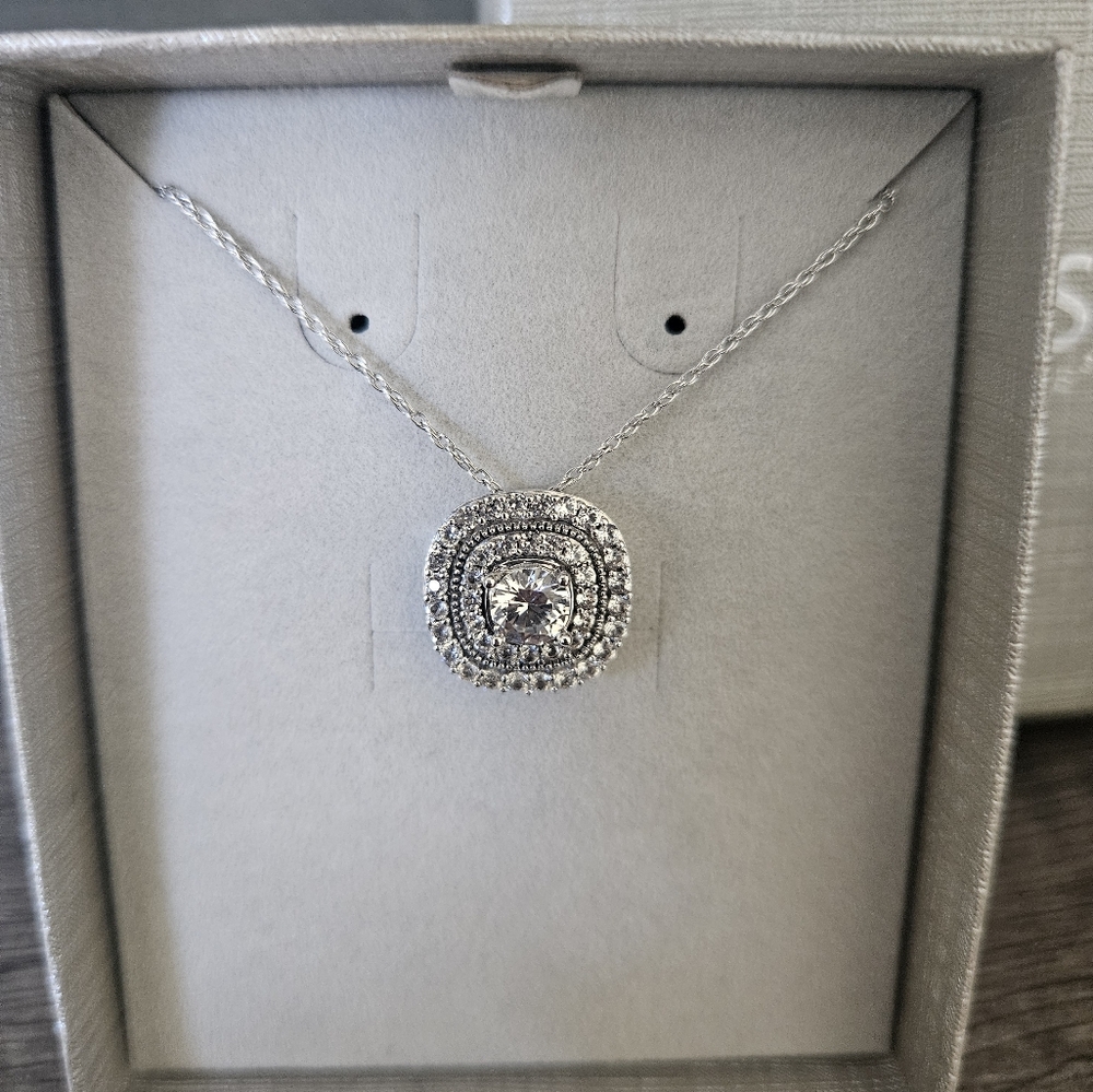 Zales White Sapphire Double Cushion Frame Pendant in Sterling Silver